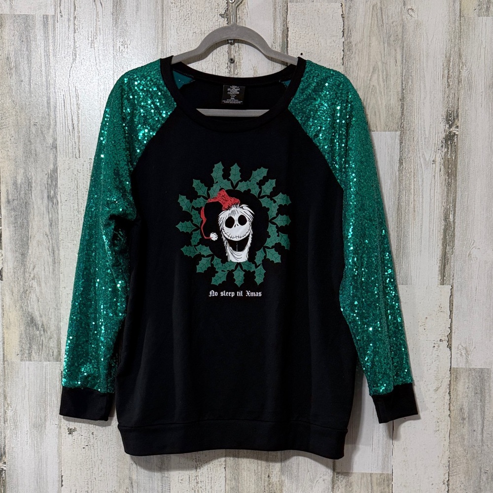 Disney Tim Burton Nightmare Before Christmas Black Green Sequin Sleeves 2XL